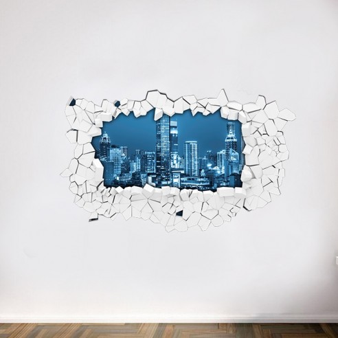 Sticker mural 3D vue nuit new york. Sticker autocollant trompe l'oeil