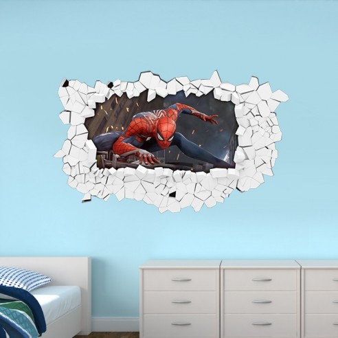 Sticker mural 3D enfant spiderman. Sticker autocollant trompe l'oeil