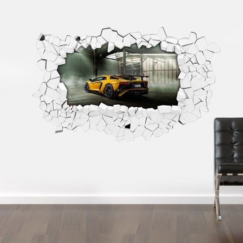 Sticker mural 3D voiture de sport. Sticker autocollant trompe l'oeil