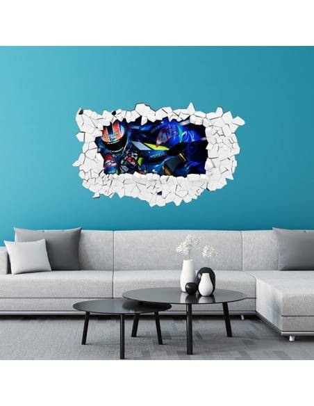 Sticker mural 3D moto de course. Sticker autocollant trompe l'oeil