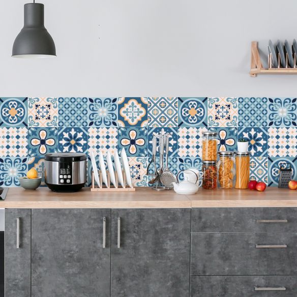 Crédence adhésive carreaux de ciment bleu et beige