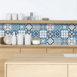 Crédence adhésive carreaux de ciment bleu et beige 2