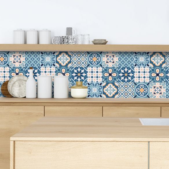 Crédence adhésive carreaux de ciment bleu et beige