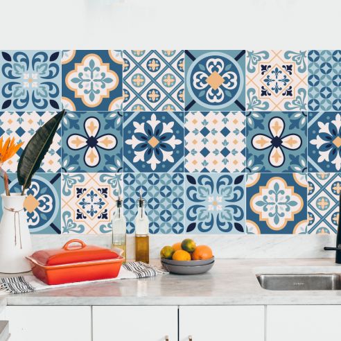 Crédence adhésive carreaux de ciment bleu et beige