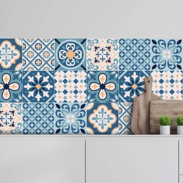 Crédence adhésive carreaux de ciment bleu et beige