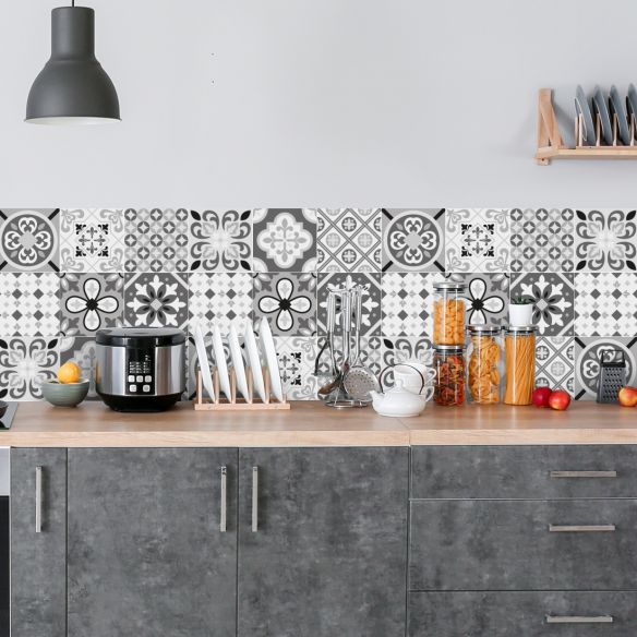 Crédence adhésive carreaux de ciment gris et blanc