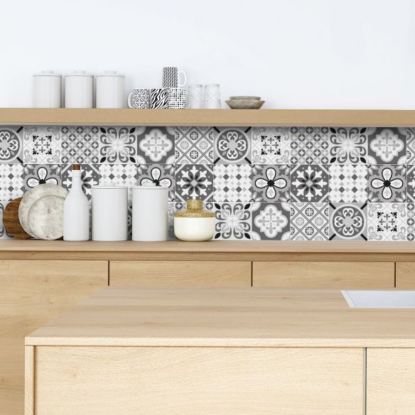 Crédence adhésive carreaux de ciment gris et blanc