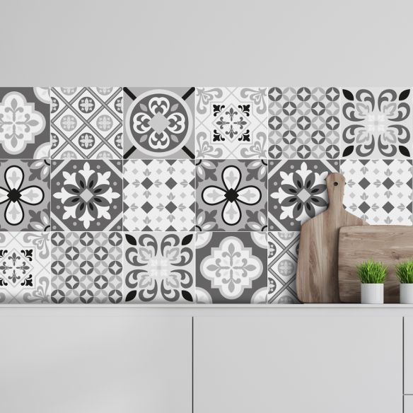 Crédence adhésive carreaux de ciment gris et blanc