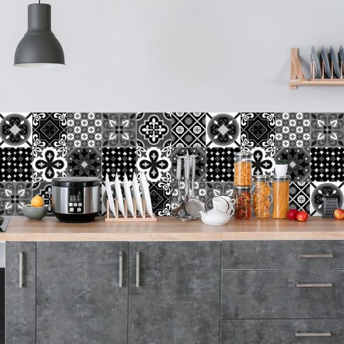Crédence adhésive carreaux de cimentnoir et blanc