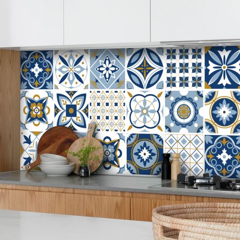 Crédence adhésive carreaux de ciment bleu