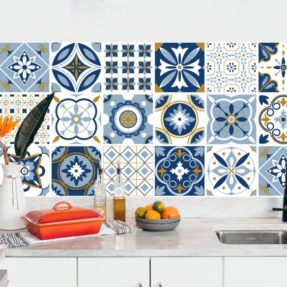 Crédence adhésive carreaux de ciment bleu