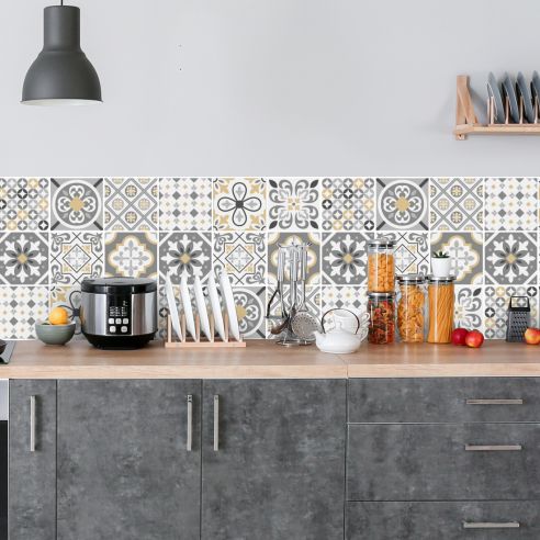 Crédence adhésive carreaux de ciment gris et beige