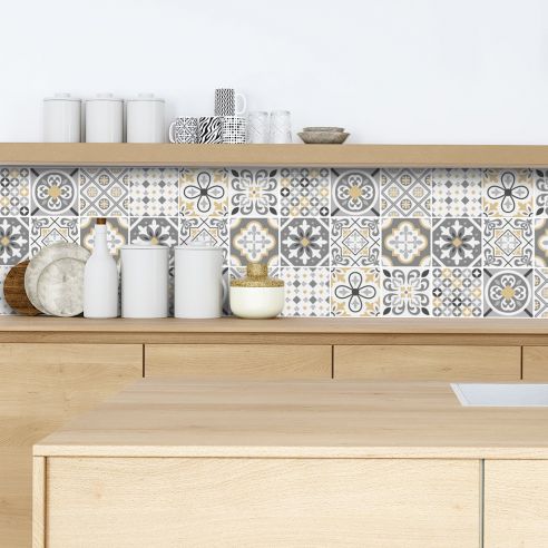 Crédence adhésive carreaux de ciment gris et beige