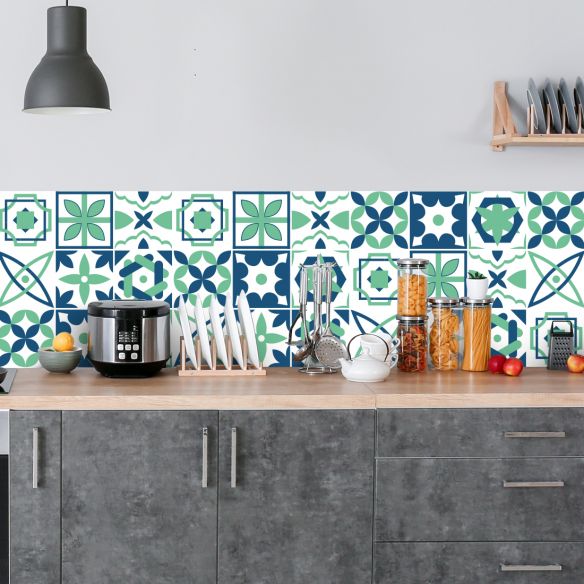 Crédence adhésive carreaux de ciment vert et bleu