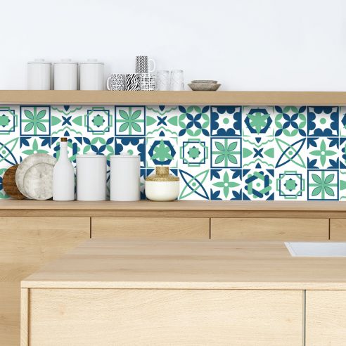 Crédence adhésive carreaux de ciment vert et bleu