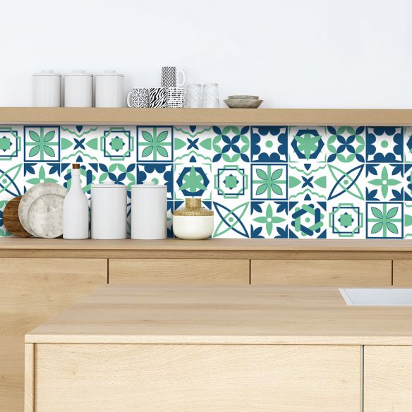Crédence adhésive carreaux de ciment vert et bleu
