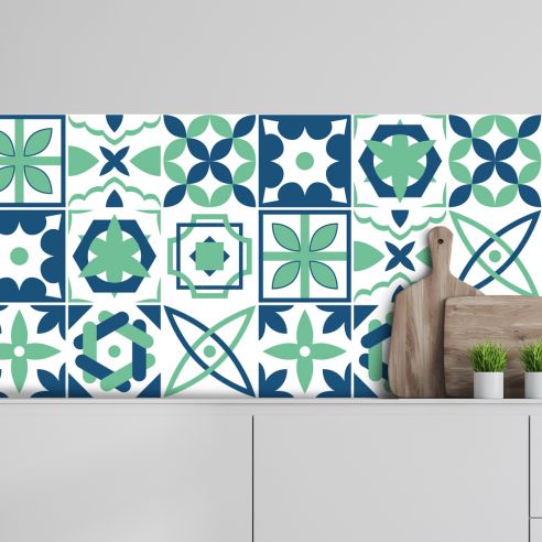Crédence adhésive carreaux de ciment vert et bleu