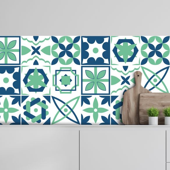 Crédence adhésive carreaux de ciment vert et bleu