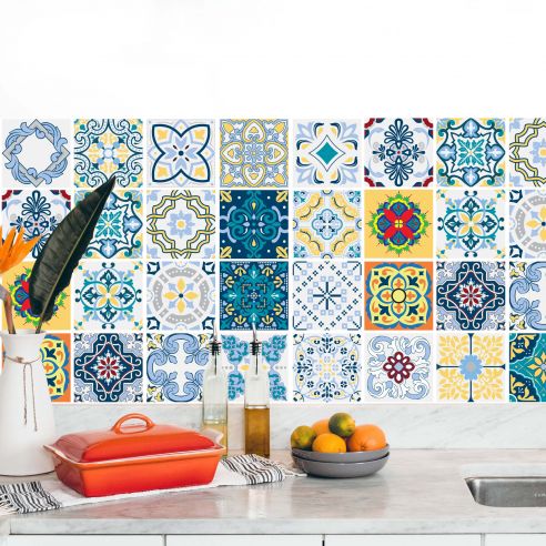 Stickers carrelage carreaux de ciment bleu