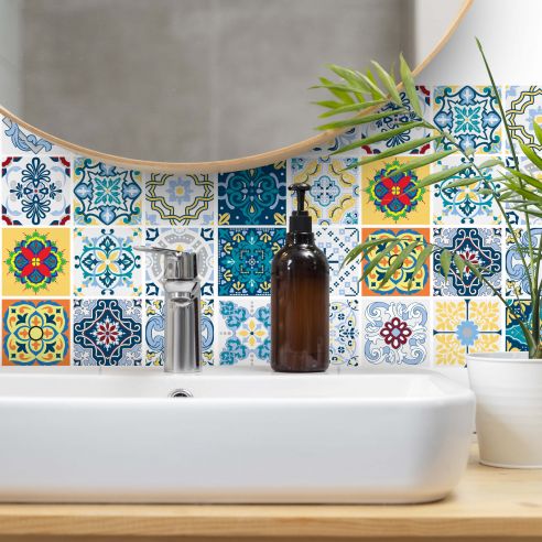 Stickers carrelage carreaux de ciment bleu