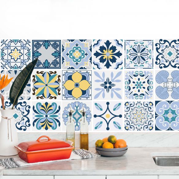 Stickers carrelage carreaux de ciment bleu