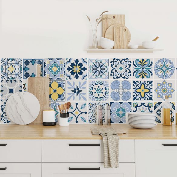 Stickers carrelage carreaux de ciment bleu