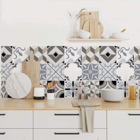 Stickers carrelage carreaux de ciment gris et marron