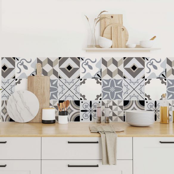 Stickers carrelage carreaux de ciment gris et marron