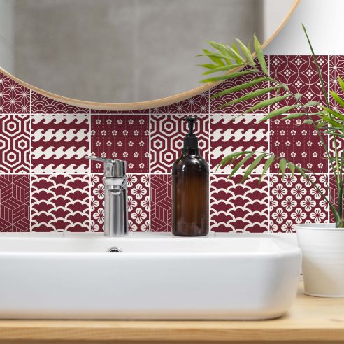 Stickers carrelage carreaux de ciment bordeau