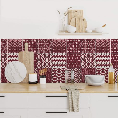 Stickers carrelage carreaux de ciment bordeau