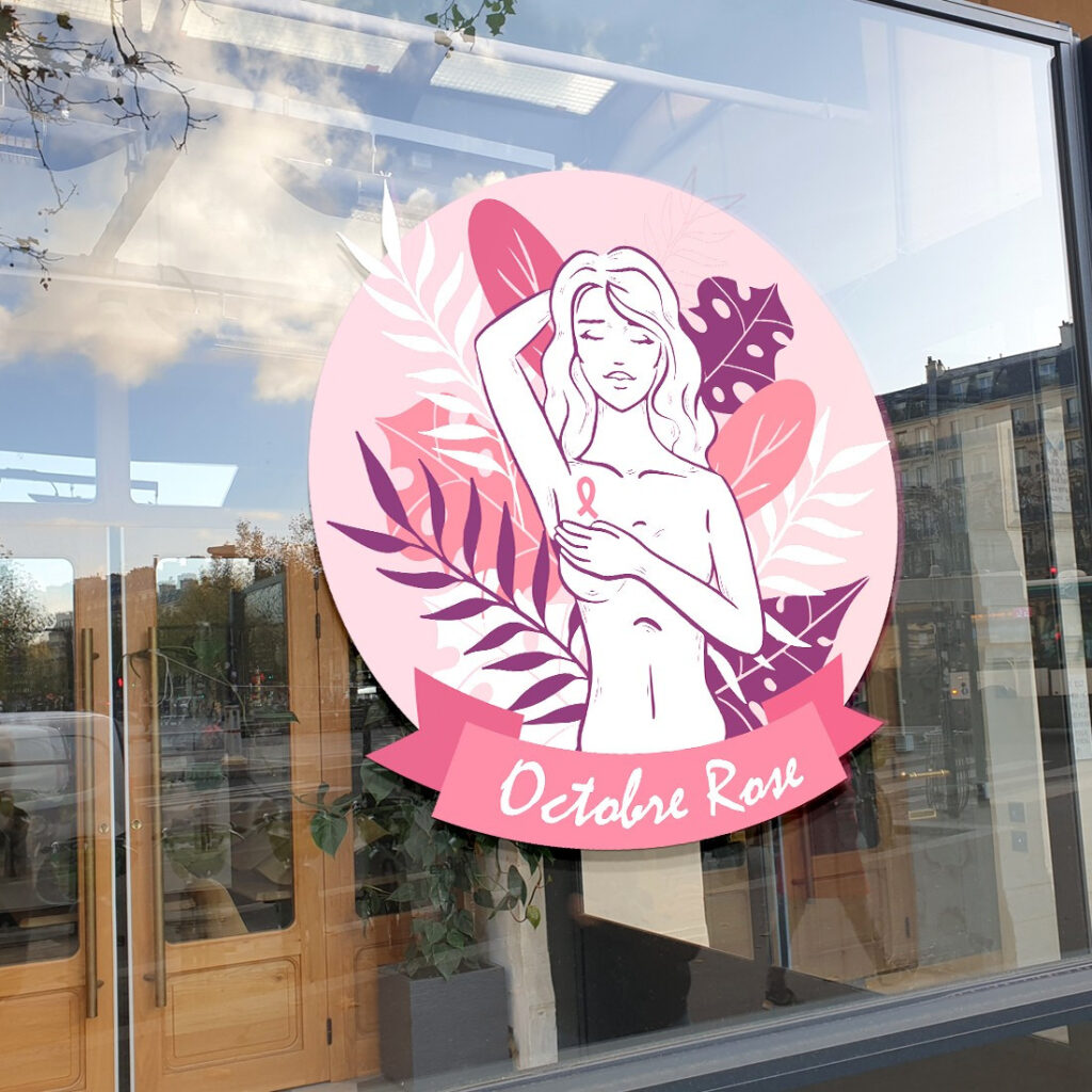 Décoration de vitrine Octobre Rose avec sticker imprimé