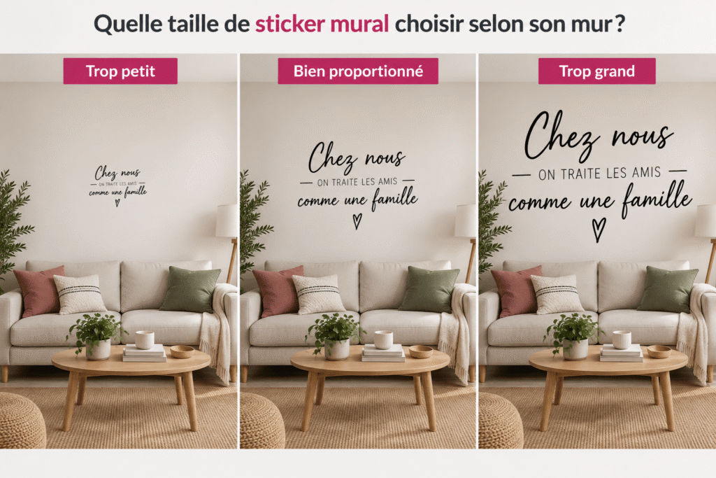 Comparaison d'un sticker mural trop petit, bien proportionné et trop grand au-dessus d'un canapé