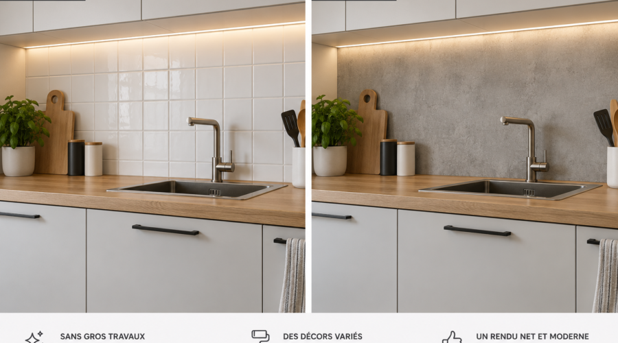 cuisine avec une nouvelle crédence décorative.