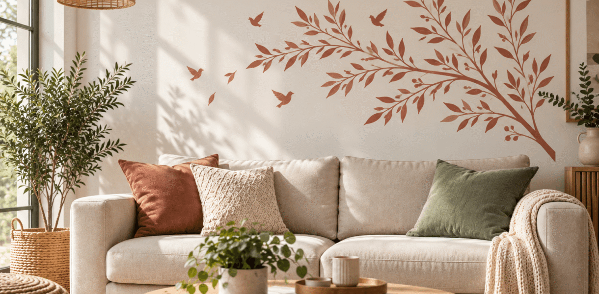 Sticker mural végétal coloré dans un salon aux tons naturels