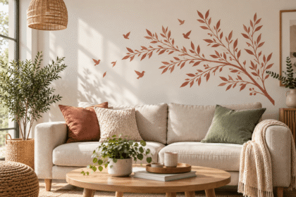 Sticker mural végétal coloré dans un salon aux tons naturels