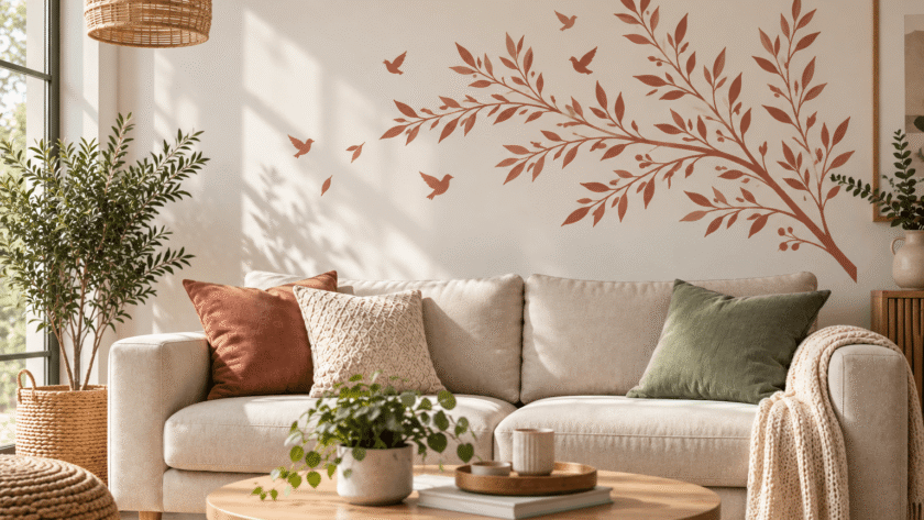 Sticker mural végétal coloré dans un salon aux tons naturels