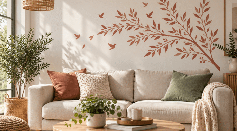Sticker mural végétal coloré dans un salon aux tons naturels