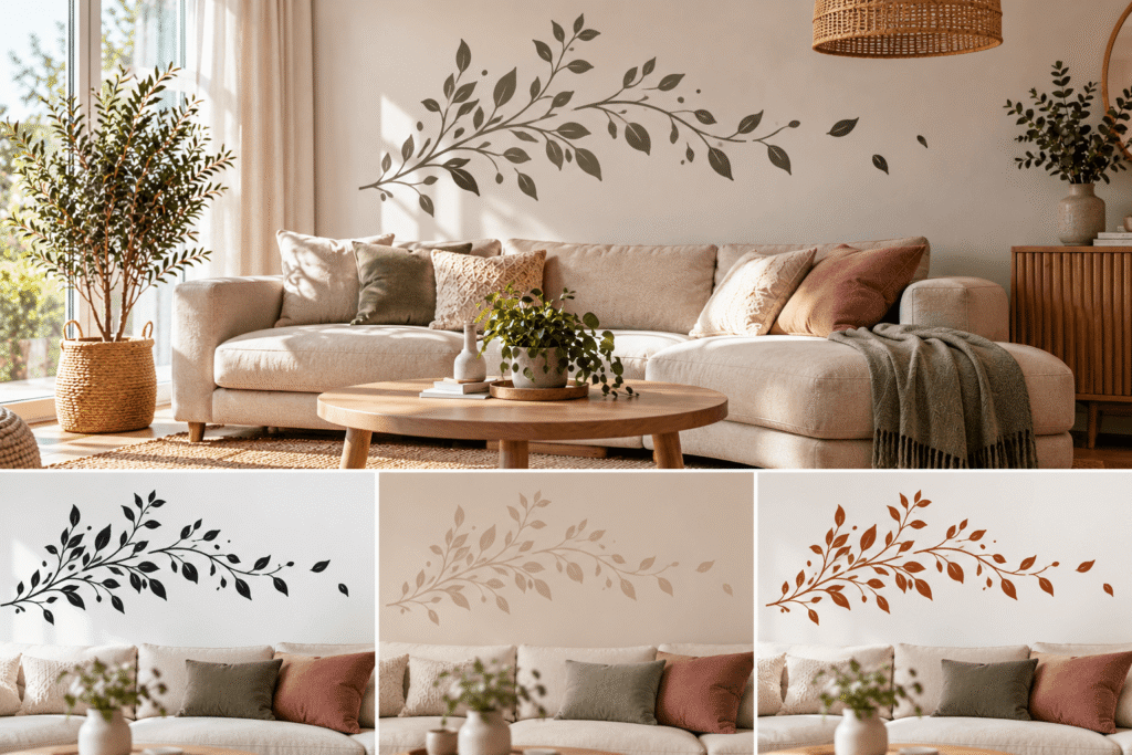 Comparaison d'un même sticker mural en noir, ton sur ton et couleur contrastante