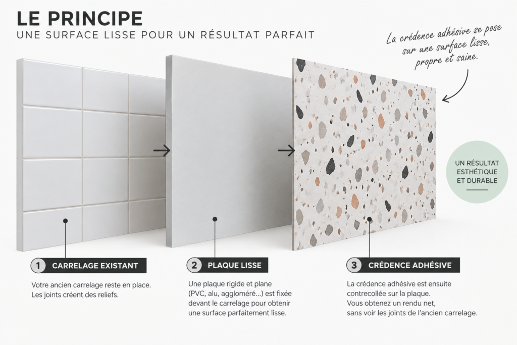 Schéma de pose d'une crédence adhésive devant un ancien carrelage