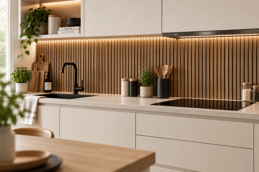 crédence de cuisine effet tasseaux de bois
