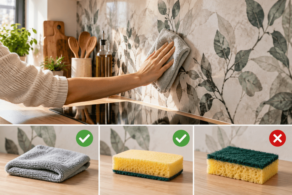 Nettoyage d'une crédence adhésive avec un chiffon microfibre et une éponge douce