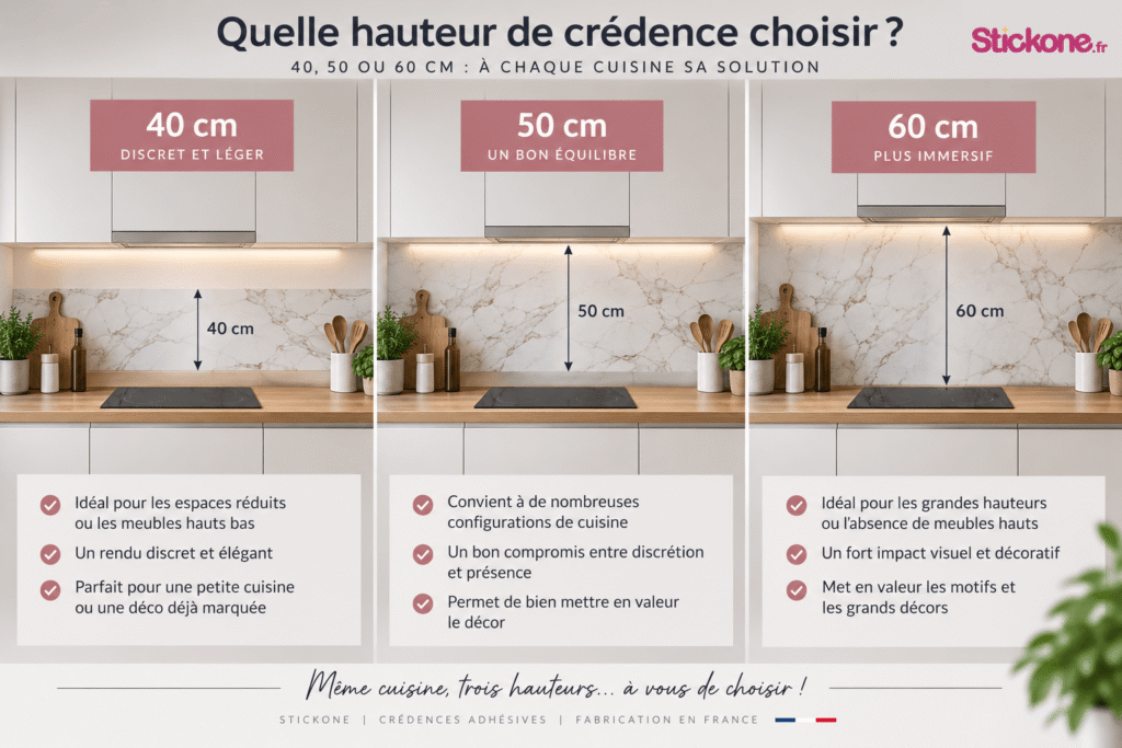 Comparaison des hauteurs de crédence cuisine 40, 50 et 60 cm